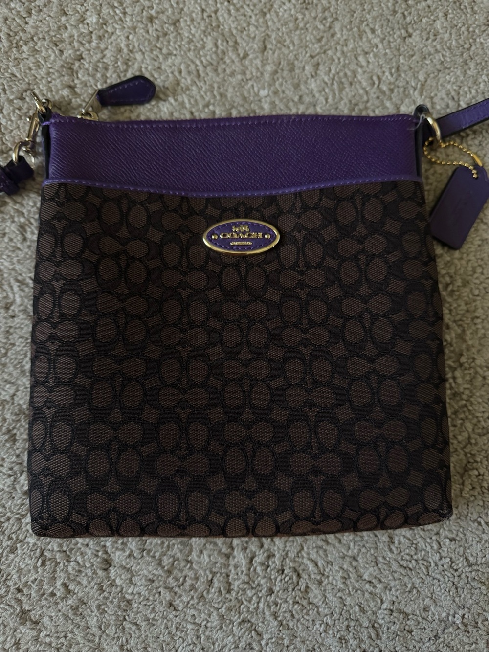 Coach Brown Signature Crossbody with Purple Trim - Picture 2 of 3